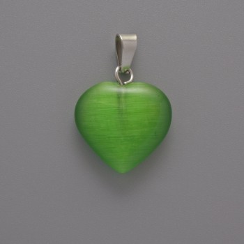 Heart Pendant Cat's Eye Green, 15×16×5 mm +/-, length 23 mm +/-