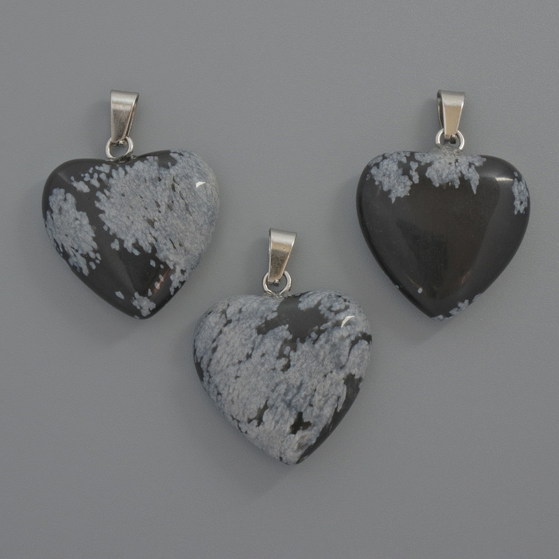 Heart Pendant Snowy Obsidian, 20x20x6mm diameter ±, length 28mm ±