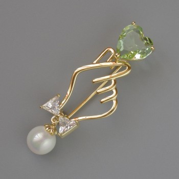 Brooch Symbol of Love Green and White Crystal, White Bead 45×16mm, Gold-Toned Metal