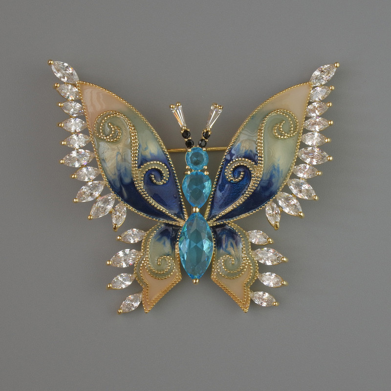 Butterfly Brooch with blue and white crystals, beige and blue enamel, 45x52mm, golden metal