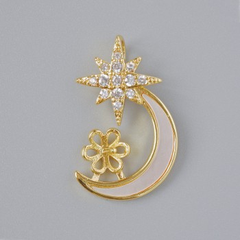Fittings Pendant "Moon" Mother-of-Pearl and White Strass, Gold-tone Metal, 21.5×14 mm