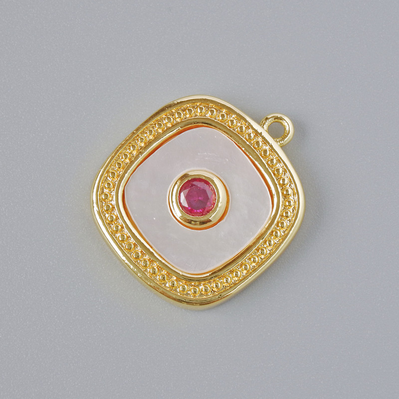 Pendant with Mother of Pearl and Red Crystal, Gold-Tone Metal, 17x15mm