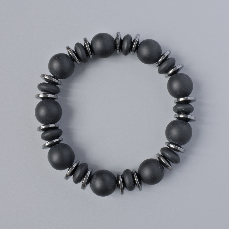 Shungite Bracelet with Rondelles and Beads, diameter 10x4, 5mm, 12mm+-, length 7.1 in.+- (stretch) with Hematite inlays