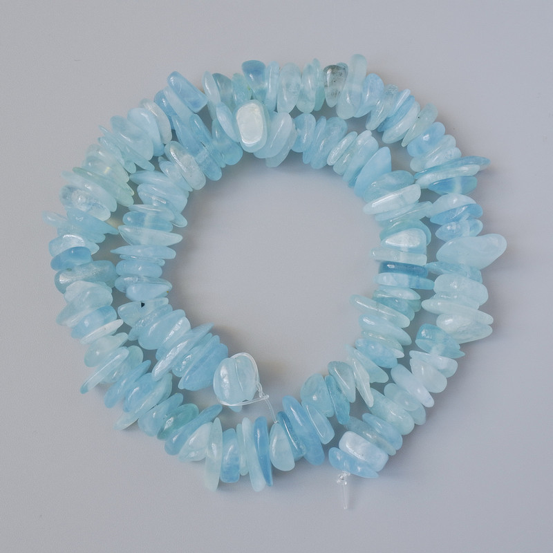 Aquamarine Beads natural stone chip, diameter 11x3mm+-, length 39inches+-, on fishing line