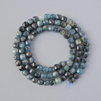 Blue Turmaline Indigo Light Beads, Natural Stone Faceted Cube 4mm, on Thread, 39cm