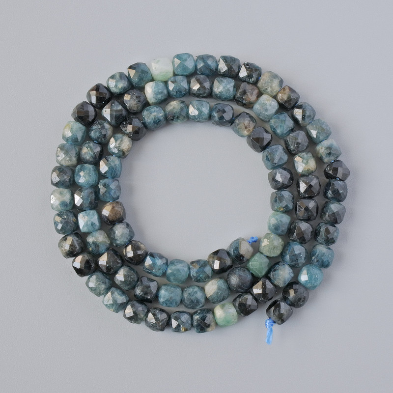 Blue Turmaline Indigo Light Beads, Natural Stone Faceted Cube 4mm, on Thread, 39cm