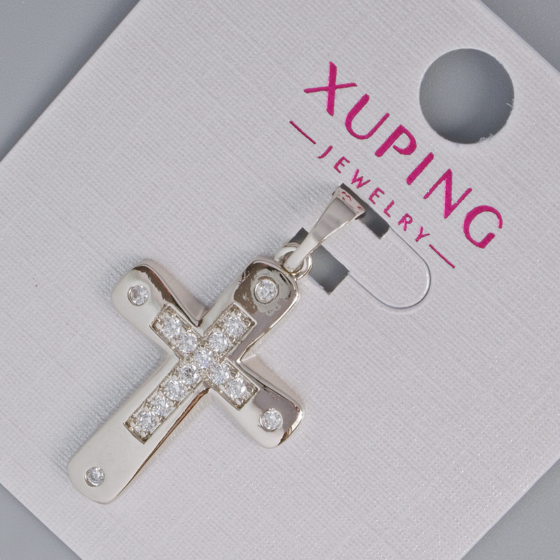 Pendant “Cross” Xuping rhodium-plated with white crystals, diameter 26×17.5 mm, 5 mm+ -, length 31 mm+-, rhodium-plated