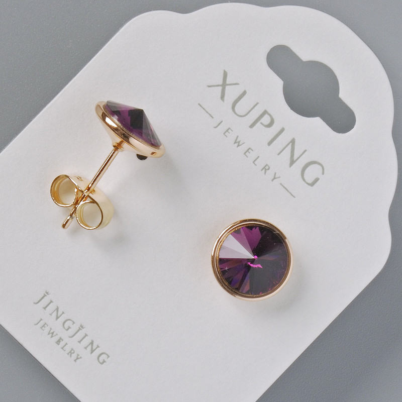 Earrings Puseti Xuping with Swarovski crystals burgundy color, 10 mm diameter, 18K gold plating
