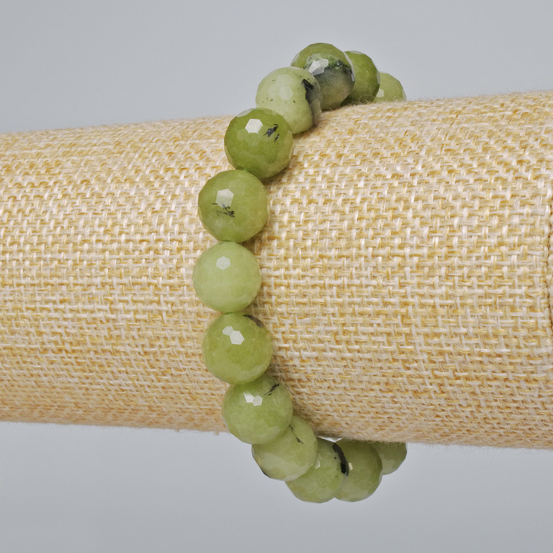 Jadeite Bracelet Canadian Natural Stone Bead, Faceted 10mm diameter, length 18cm, (stretch)