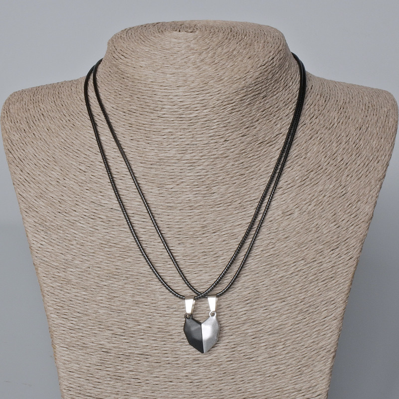 Pair of Heart Magnetic Pendants, black and gray matte enamel 20.5x17.5mm + - length 45-50cm+