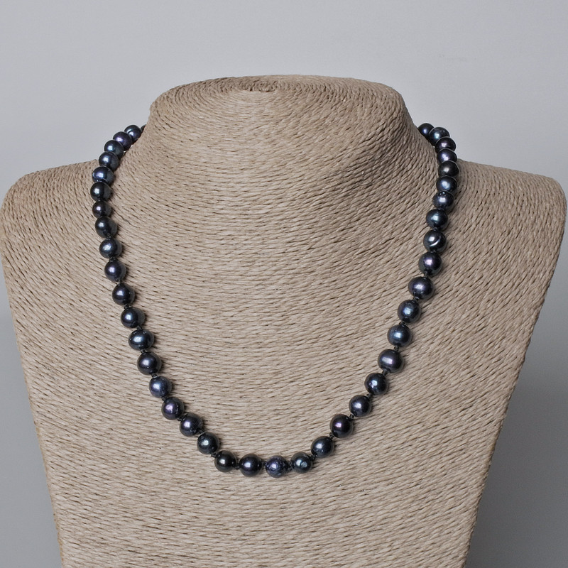 Necklace Black Freshwater Pearls, 8.5×7 mm±, length 44-45 cm±