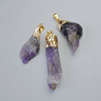 Amethyst Pendant, uncut, golden metal, oval size from 37x10mm to 53x16mm+