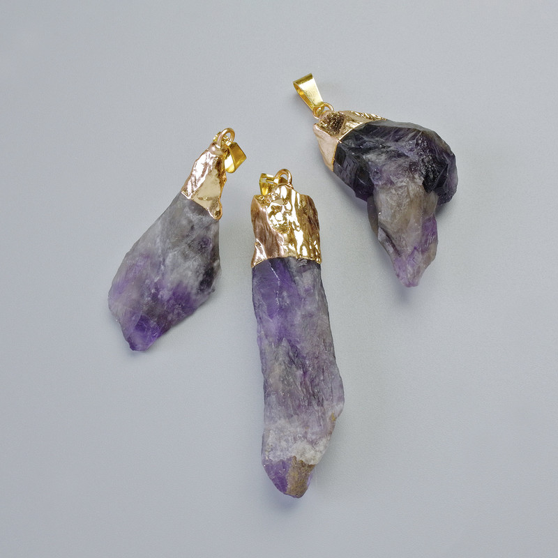 Amethyst Pendant, uncut, golden metal, oval size from 37x10mm to 53x16mm+