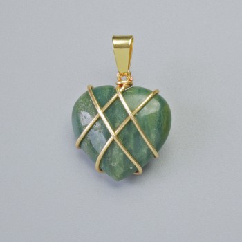 Pendant "Heart" Moss Agate in Golden Wire Wrap, diameter 20x20mm±, length 30mm±