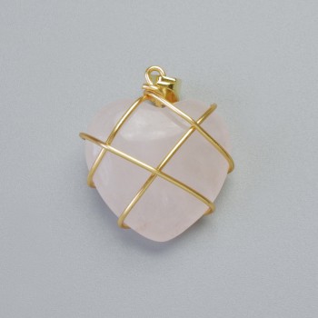 Pendant "Heart" Pink Quartz in Golden Wire Wrap, diameter 20x20mm±, length 30mm±