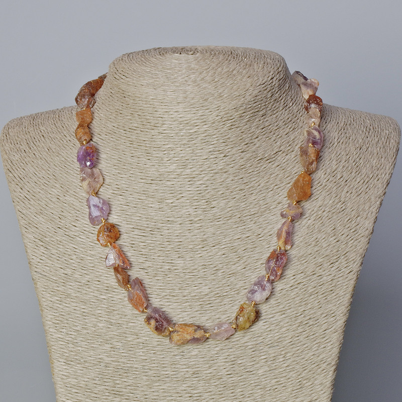 Amethyst and Strawberry Quartz Necklace - natural untreated stone faceted beads, diameter 9x13mm±, length 45-49cm±