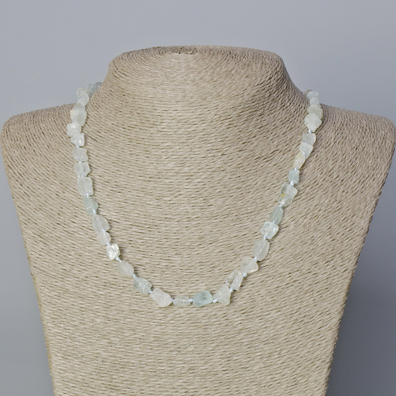 Necklace with Mountain Crystal and Aquamarine Natural Uncut Stone Beads 6x8mm, 45-48cm length