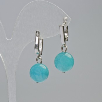 Aquamarine Earrings natural stone smooth bead, diameter 12mm ±, length 30mm ±, with a lobster clasp