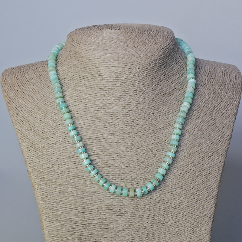 Amazonite Bead Necklace with natural stone, disc beads 6x3 mm, length 45-47 cm
