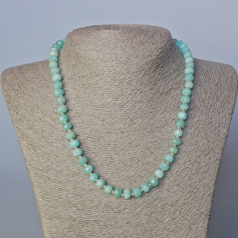 Amazonite Necklace Natural Stone Graduated Rondelle Beads with Seed Beads, diameter 8x6 mm, length 45-47 cm