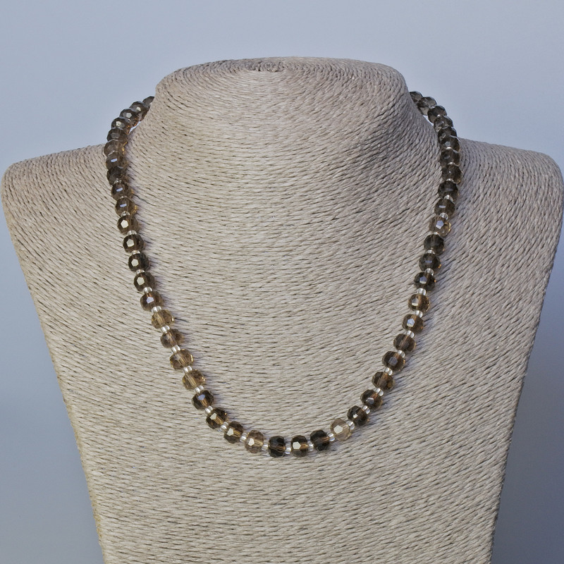 Necklace with Smoky Topaz, natural stone, faceted rondelles with seed beads, diameter 7.5×6 mm, length 45–47 cm