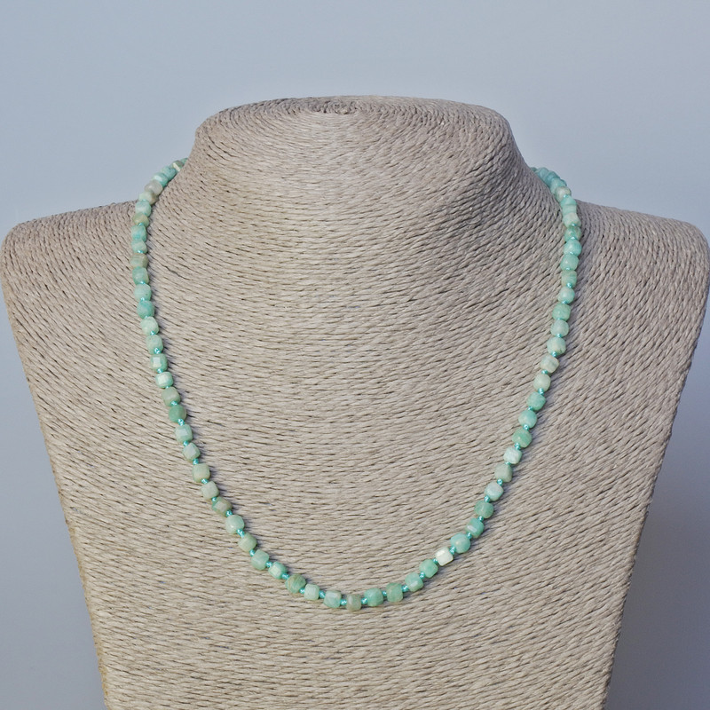 Amazonite Bead Necklace Natural Stone, faceted cube shape, diameter 4mm±, length 45-49cm±