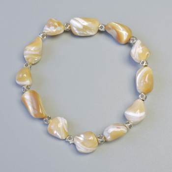 Bracelet Beige Mother-of-P Pearl, faceted beads 10x13mm± (stretch), length 18cm± with metal inserts