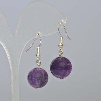 Amethyst Earrings Natural Stone Smooth Sphere, 14mm diameter, 35mm length
