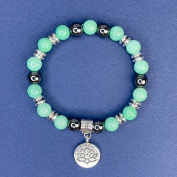 Amazonite and Hematite Bead Bracelet with Smooth Round Beads 8mm±, Stretch, 18cm± with Metal Inlays