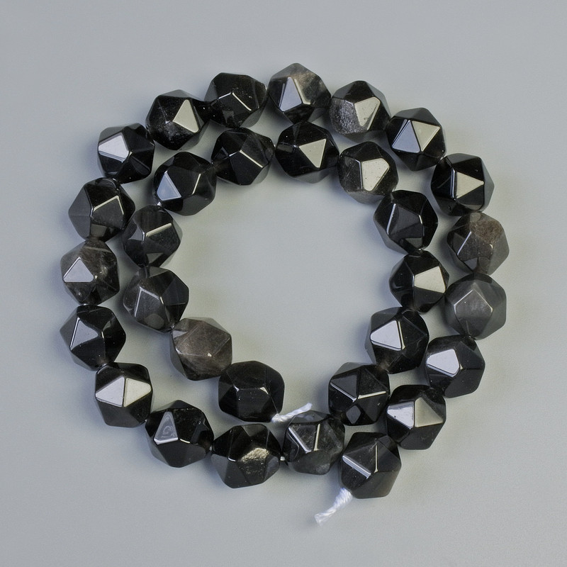 Beads - Silver Obsidian Natural Stone Faceted, 10x12 mm Diameter, 36 in Length on Thread