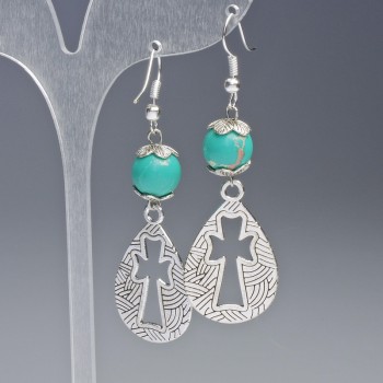 Variscite Earrings green (natural) smooth ball, diameter 10mm, 19.5x31mm±, length 63mm±with metal inserts