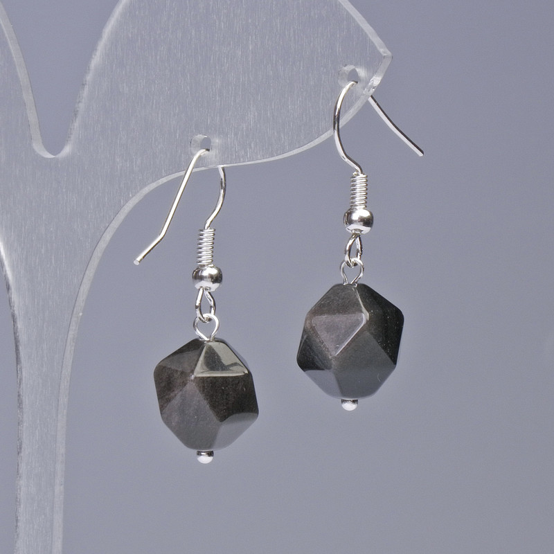 Earrings with Silver Obsidian Natural Stone Multiradiate, diameter 10x12mm+-, length 32mm+-
