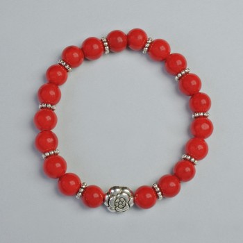 Bracelet Coral (pressed) smooth bead, diameter 8mm± (stretch), length 18cm± with metal insets
