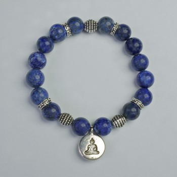Lapis Lazuli Bead Bracelet, Smooth Round Beads 10mm±, Stretch Band, 18cm± with Metal Inlays