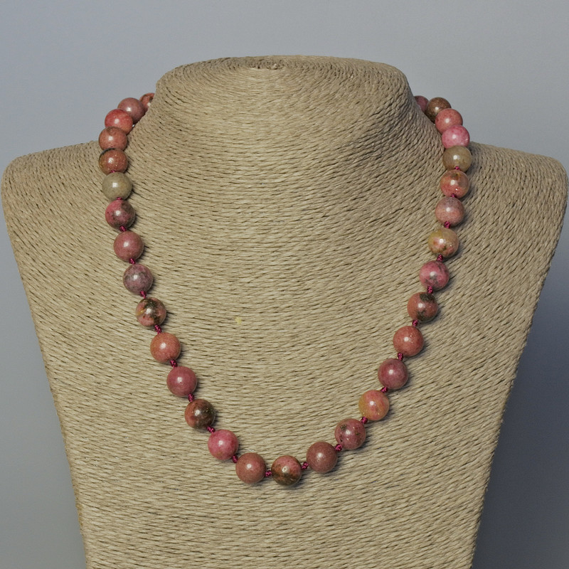 Rhodonite Beaded Necklace Natural Stone Smooth Round Beads 10 mm ±, Length 45-49 cm ±
