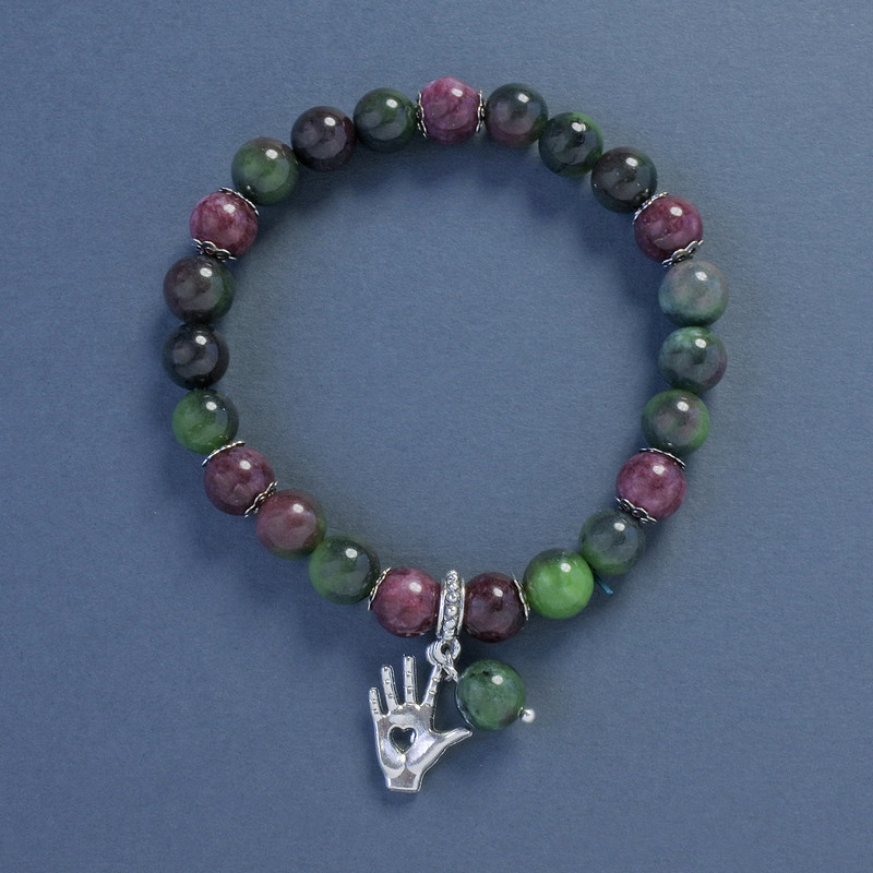Bracelet with Turmaline and Jasper, smooth round beads 8mm diameter ±, length 18cm ±, stretch with palm charm