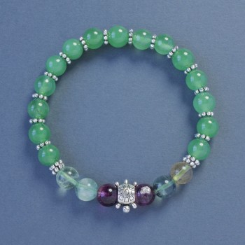 Fluorite Bead Bracelet Smooth Round Beads, 8mm diameter, stretchy with Turtle Shell centerpiece, 18cm length