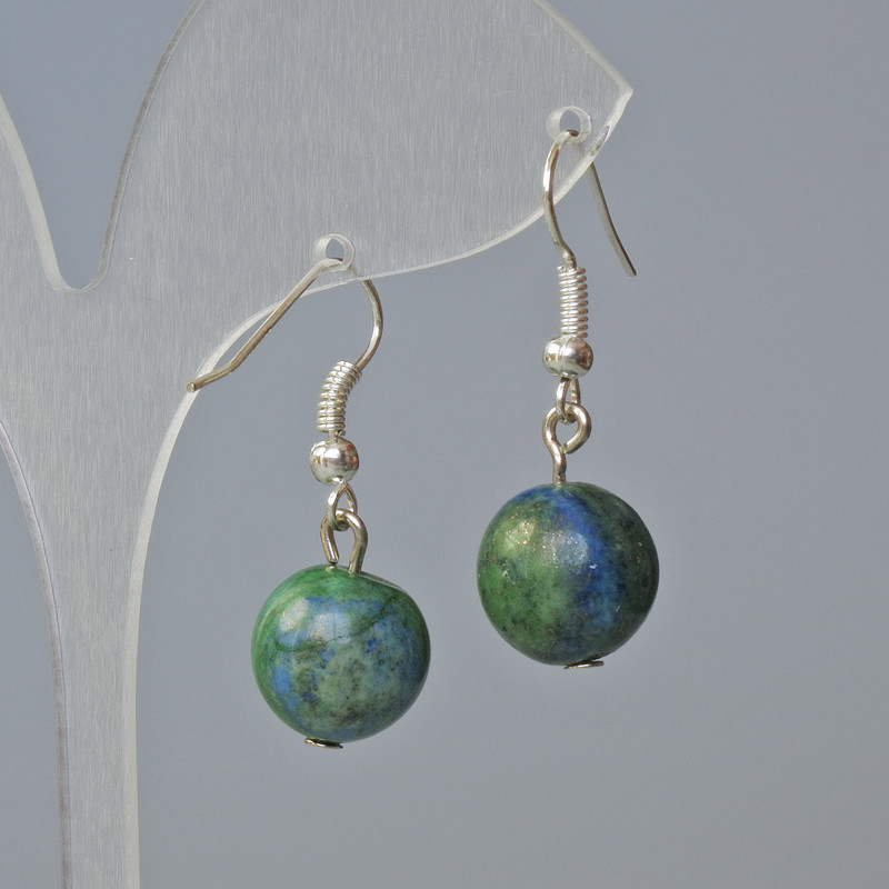 Azurite Smooth Ball Earrings, 12 mm diameter, approx. 30 mm length
