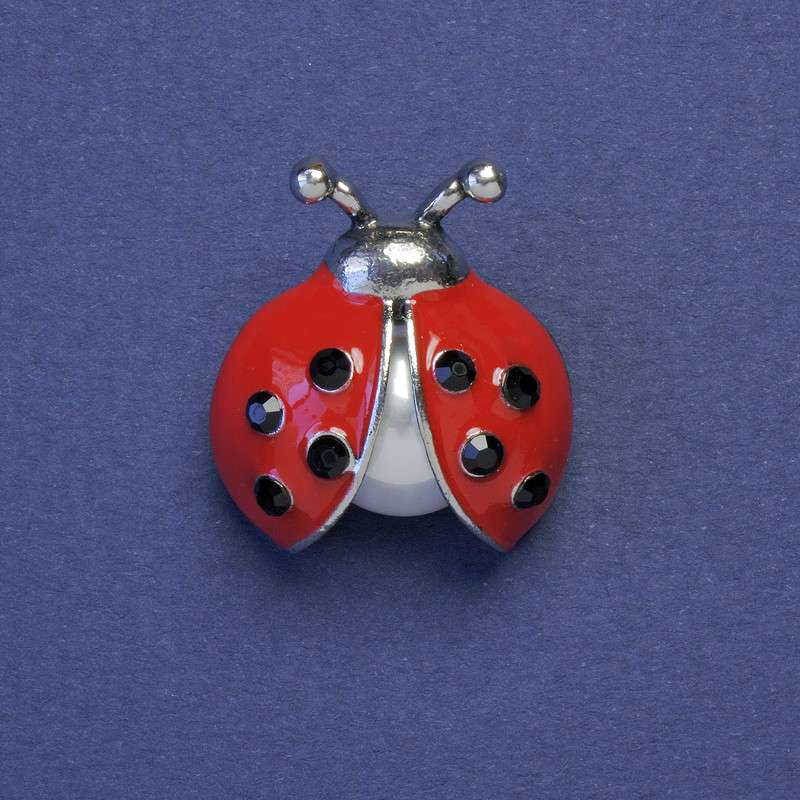 Brooch 'Ladybug' red enamel with black rhinestones and pearl, metal color silver 23x21mm