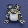 Brooch-Pendant Frog in Glasses Black and White Enamel Grey Crystals Gold-Tone Metal 38x35mm +