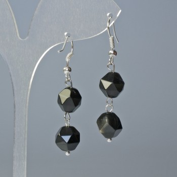 Earrings Silver Obsidian Natural Stone Faceted, 10x9 and 12x11 mm ±, length 4 cm ± with ear hooks