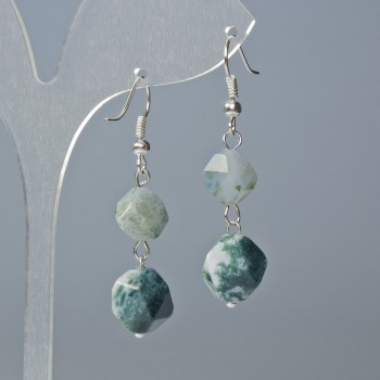 Earrings Moss Agate Natural Stone Multicrystal, diameter 10x9 and 12x11 mm ±, length about 4 cm ± with hooks