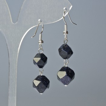 Earrings Aventurine Blue Sand Cairo Night multifaceted, 10×9 and 12×11 mm diameters, approx. 4 cm long with hooks