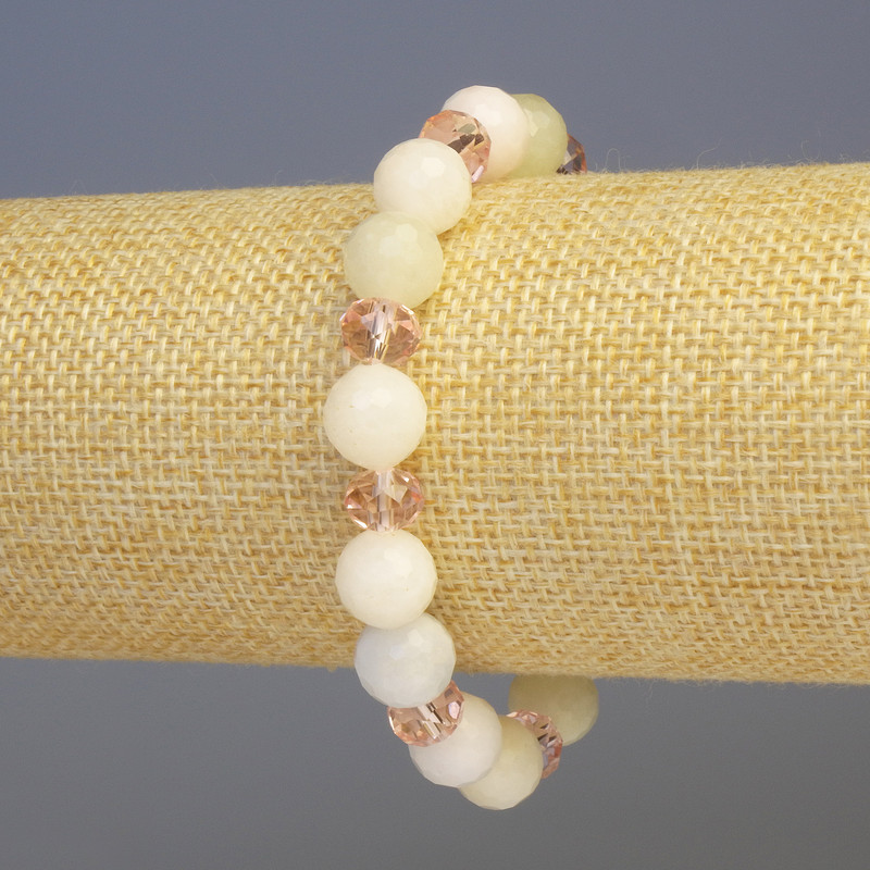 Morganite Bracelet with Czech Glass Beads, Faceted Round and Rondelle, 10mm and 8mm diameters, 18cm length, elastic