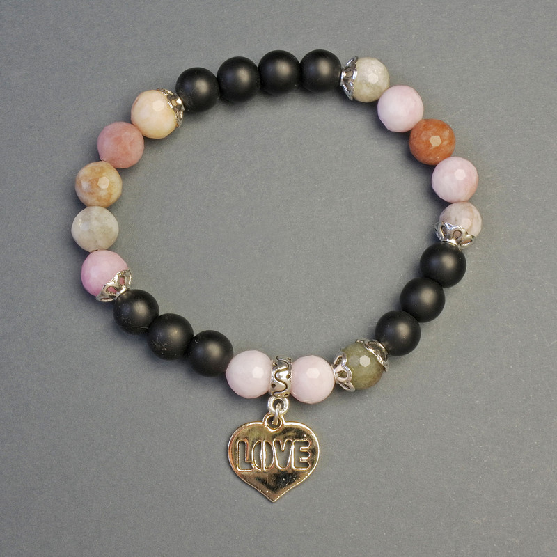 Shungite and Tourmaline Bracelet with Heart Pendant, 8mm diameter ±, 18cm length ±, stretch