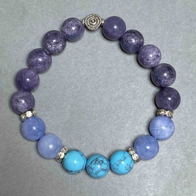 Bracelet Tanzanite Turquoise Aquamarine with Inlays, 10mm+/- Bead Diameter, 18cm+/- Length, Stretch