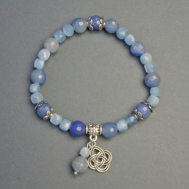 Bracelet Aquamarine and Blue Aventurine with Knot Pendant, 6mm± and 8mm± beads, length 18cm± Stretch