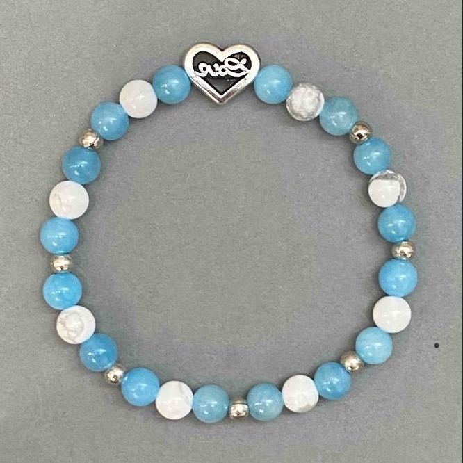 Bracelet Aquamarine and Howlite with Heart Inlay, 6mm+ diameter, 18cm adjustable