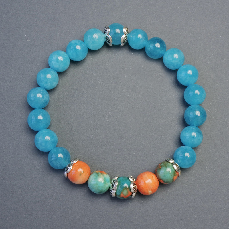 Aquamarine and Variscite Bracelet, Smooth 8mm Round Beads, 18cm ± Stretch Length