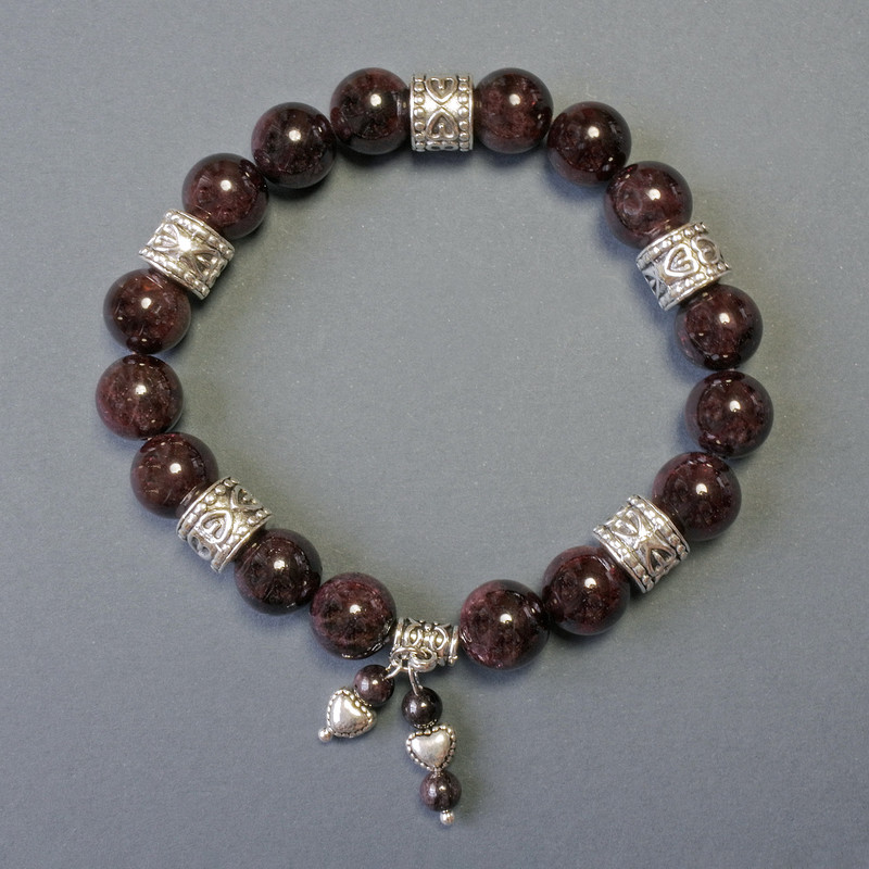 Bracelet Garnet natural stone smooth beads, diameter 10mm± with metal insets, length 18cm± stretch
